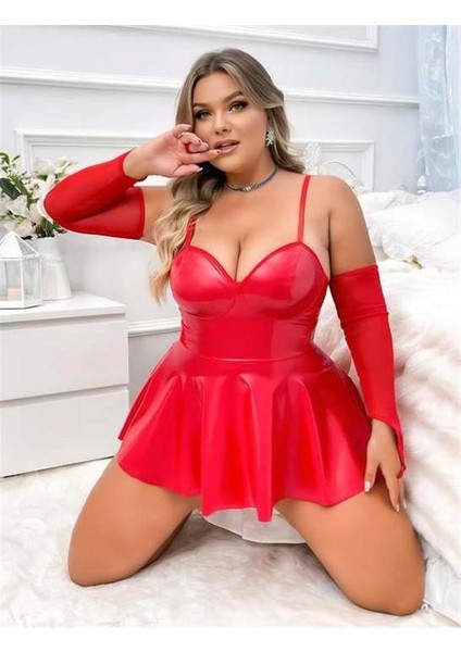 Arias Closet Büyük Beden Kırmızı Parlak Deri Fantezi Elbise