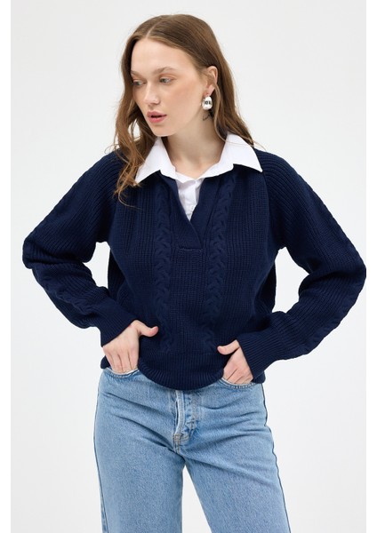 Laci Gömlek Yakalı Örgü Kadın Kazak 2335