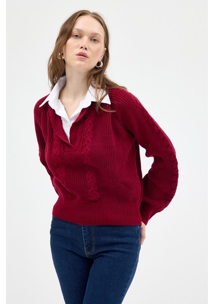 Bordo Gömlek Yakalı Örgü Kadın Kazak 2335