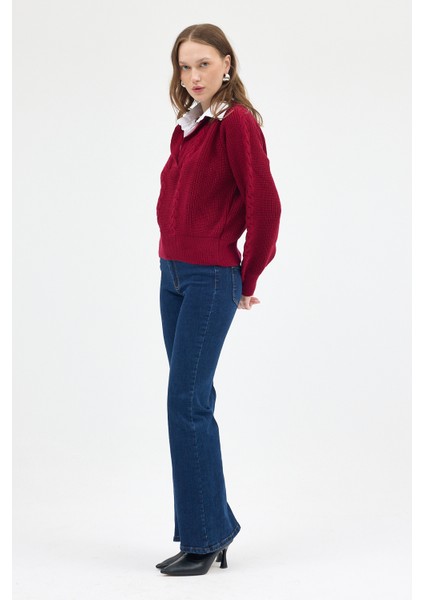 Bordo Gömlek Yakalı Örgü Kadın Kazak 2335