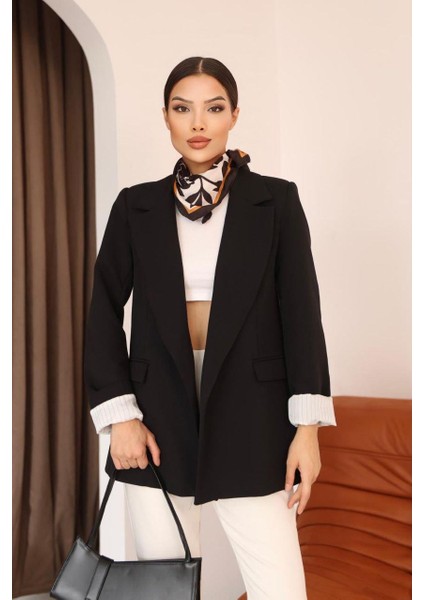 Çizgili Astar Detaylı Oversize Siyah Blazer Ceket