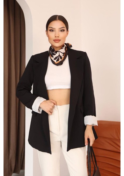 Çizgili Astar Detaylı Oversize Siyah Blazer Ceket modelleri