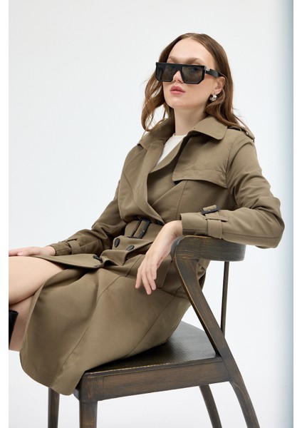 3033A Bel Bağlama Detay Trençkot Haki
