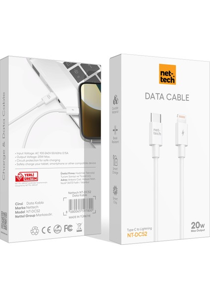 NT-DC52 20W Plastik 100 cm Type-C To Lightning Şarj ve Data Kablosu modelleri