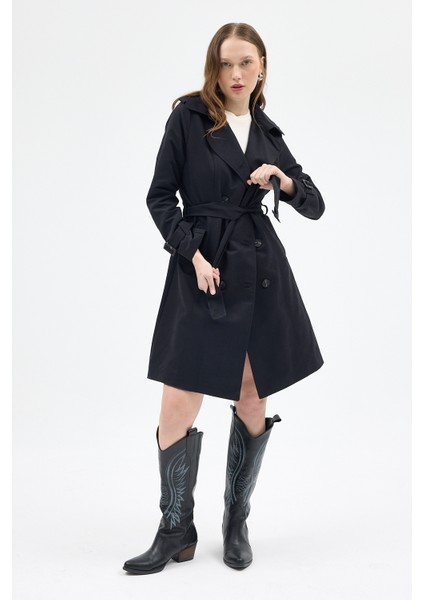 3033A Bel Bağlama Detay Trençkot Siyah