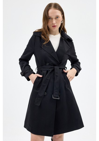 3033A Bel Bağlama Detay Trençkot Siyah