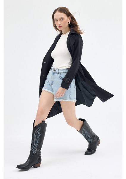 3033A Bel Bağlama Detay Trençkot Siyah