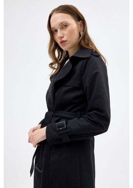 3033A Bel Bağlama Detay Trençkot Siyah