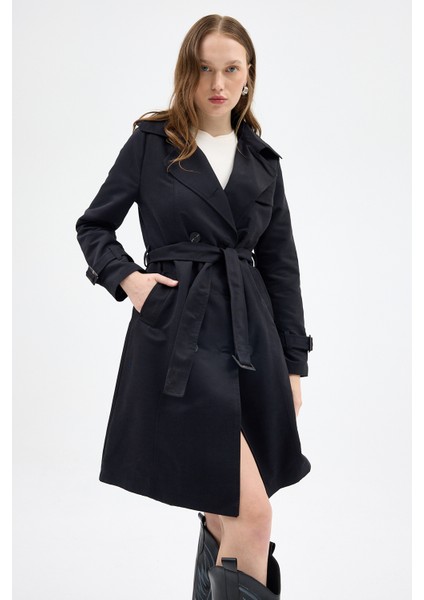 3033A Bel Bağlama Detay Trençkot Siyah