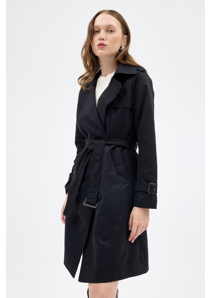 3033A Bel Bağlama Detay Trençkot Siyah