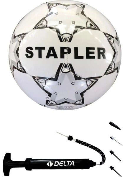 Stapler 5 Numara Futbol Topu ve Şişirme Pompası – Dayanıklı Kauçuk Yüzeyli 2'li Set No:5 Beyaz