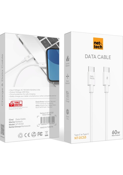 NT-DC53 60W Plastik 100 cm Type-C To Type-C Şarj ve Data Kablosu modelleri
