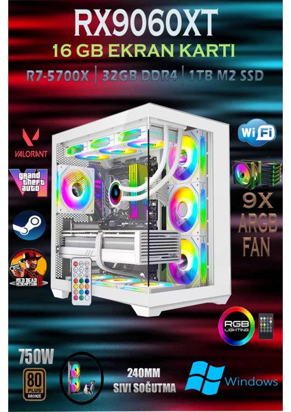 TCW90 Ryzen 7 5700X 32GB 1tb M.2 SSD RX9060XT 16GB Sıvı Soğutmalı Beyaz Masaüstü Oyuncu Bilgisayarı Hazır Sistem