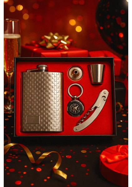 Vıp Özel Çelik Hediye Seti – Çelik Matara, Anahtarlık, Mantar Açacağı Çakı, Huni ve Shot Bardak