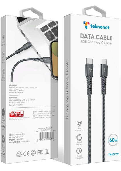 TN-DC19 Ip Örgü 100 cm Type-C To Type-C Şarj ve Data Kablosu modelleri