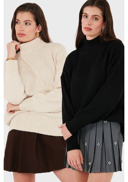 Oversize Fit Balıkçı Yaka Yumuşak Dokulu 2'li Paket Triko Kazak Bayan Kazak 680KZ00469S2