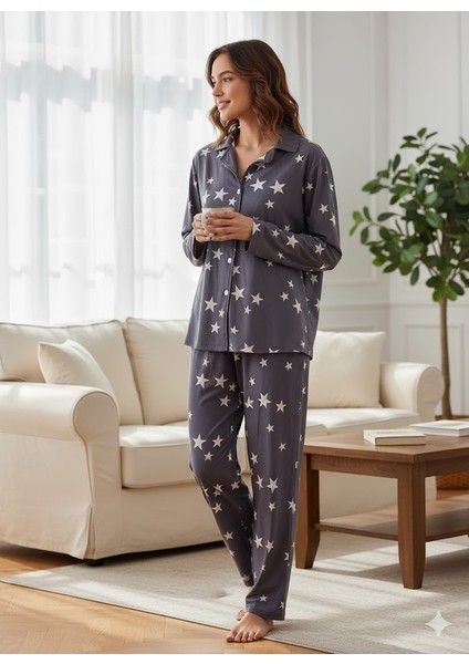 Kadın Yıldızlı Düğme Detaylı Pijama Takımı