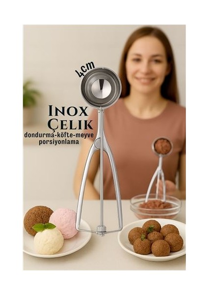 Inox 4 cm Dondurma Kaşığı - Karpuz Kurabiye Köfte Helva Porsiyonlama