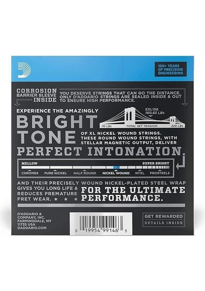 D'addario Fender Bass Vı Için Tel | En Çok Sevilen Tel Markalarının En Yüksek Kalitesi | EXL156 | fiyatları