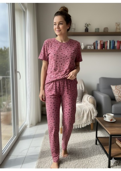Kadın Yıldız Detaylı Pembe Pijama Takımı