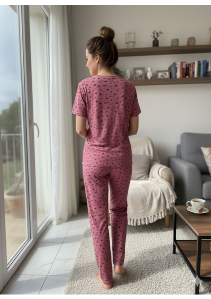 Kadın Yıldız Detaylı Pembe Pijama Takımı modelleri