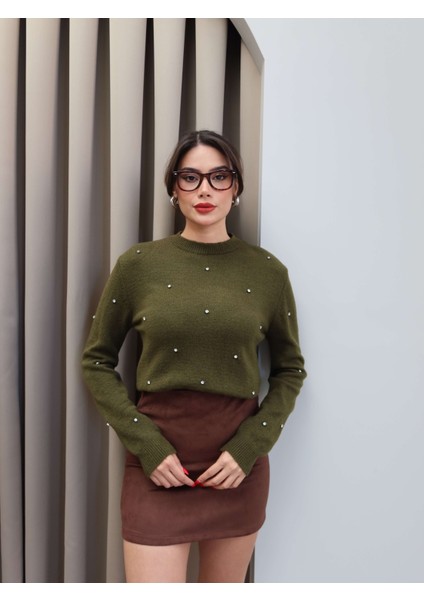 Bisiklet Yaka Taşlı Triko Kazak