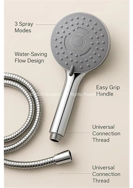 Spiralli Duş Başlığı Seti, 3 Fonksiyonlu Krom Duş Başlığı, 150 cm Duş Hortumu, Mafsallı