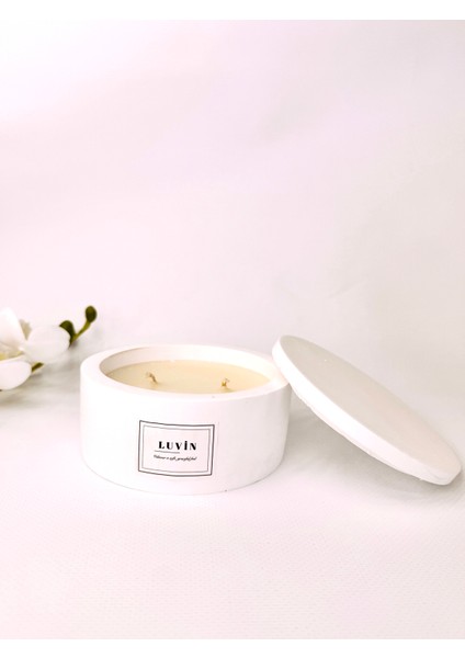 Çikolata Kokulu Mum, Dekoratif Beyaz Renkli Beton Mum, Tabak Form Çift Fitil