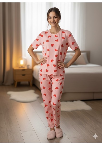 Pembe Kalp Detaylı Pijama Takımı