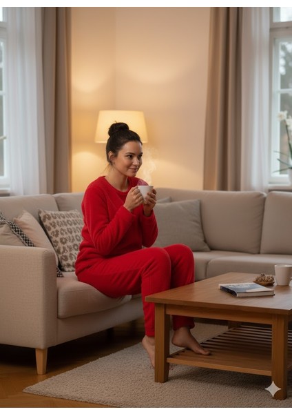 Kadın Kırmızı Peluş Pijama Takımı modelleri