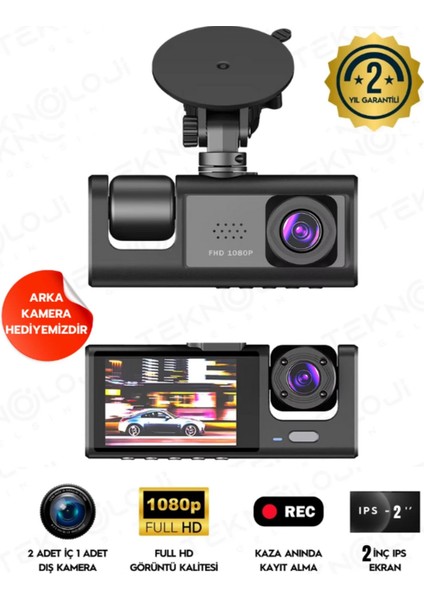1080P Dash Cam Full Hd Araç Içi Kamera Ön Arka ve Iç Kayıt 3 Kamera Gece Görüşlü G Sensör Geniş Açı
