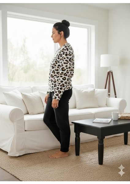Kadın Siyah Leopar Desenli Peluş Pijama Takımı fiyatları