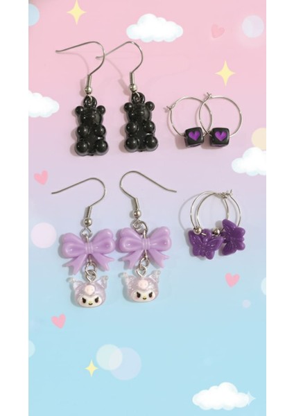 4'lü Kuromi Küpe Seti Ayıcık Küpe Kalp Küpe Kelebek Küpe Çocuk Küpe Genç Küpe Kawaii Küpe