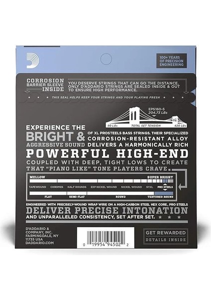 D'addario EPS160-5 Saitensatz Für 5-Saiter E-Bass 0,127 cm - 0,34 cm (.050 - .135 Zoll) fiyatları