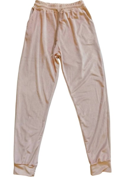 Parlak Kadife Cepli Pantolon Eşofman Pijama Altı Unisex Lastikli Paça Bej