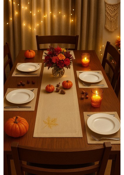 Runner Leke Tutmaz Keten Çeyizlik Nakışlı Çınar Yaprağı Nakış 30X90 cm