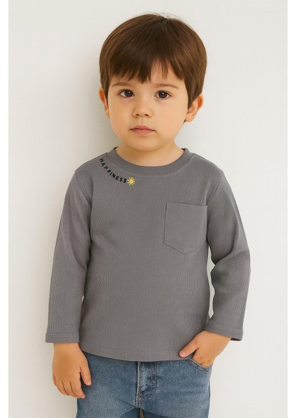 Unisex Çocuk Happiness Nakışlı Cepli Fitilli Kaşkorse Tişört