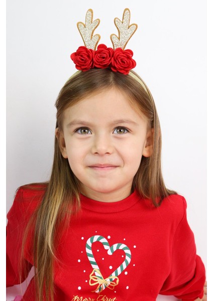 Kırmızı Gül Detaylı Geyik Boynuzu Kız Çocuk Taç