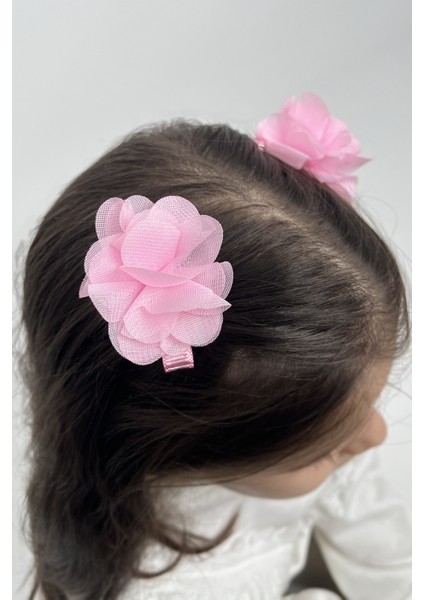 Pembe 2'li Tül Çiçek Kız Çocuk Klips Toka Set