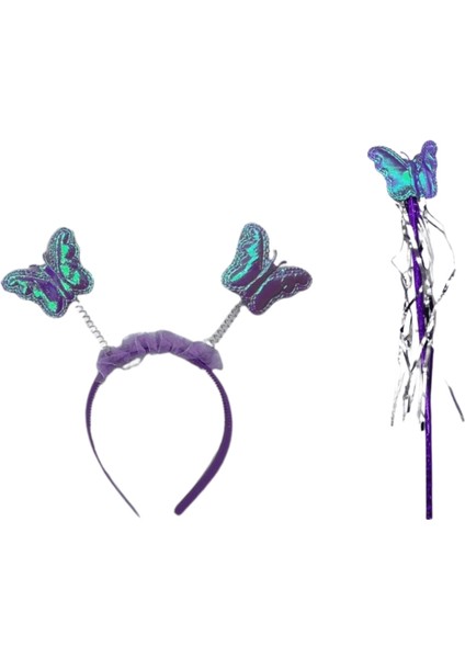 Lila Kelebek Kanat Asa Taç 3'lü Set