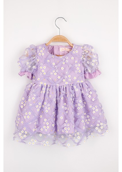 Lila Kısa Kollu Papatya Tüllü Kız Çocuk Elbise - Hillary
