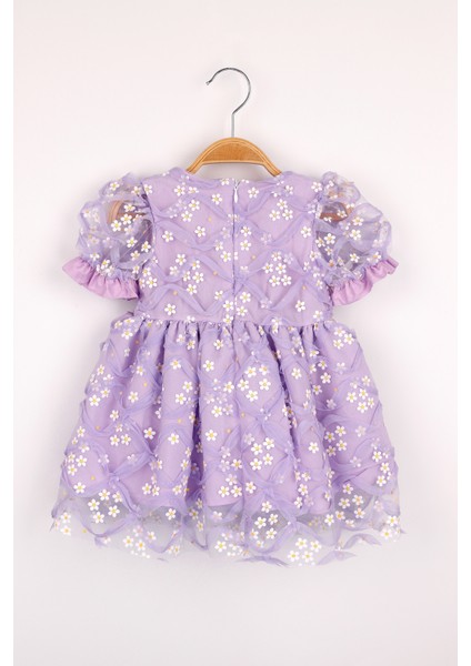 Lila Kısa Kollu Papatya Tüllü Kız Çocuk Elbise - Hillary