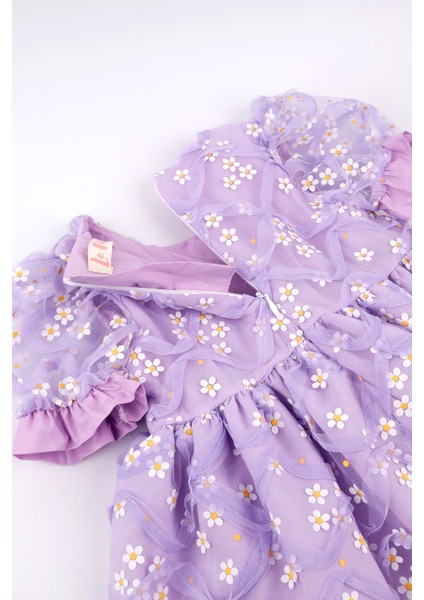 Lila Kısa Kollu Papatya Tüllü Kız Çocuk Elbise - Hillary