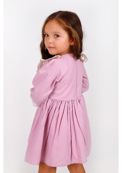 Lila Fisto Yakalı Keten Kız Çocuk Elbise - Trinetta