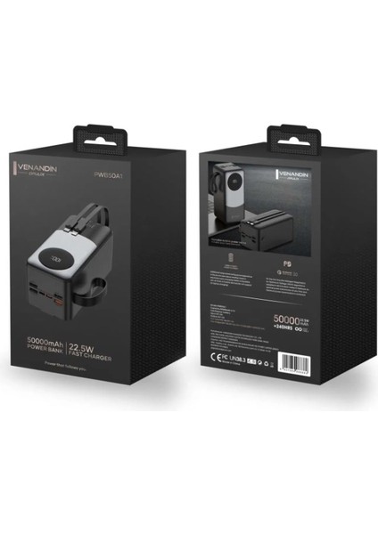 Avctekno Venandin PWB50A1 50.000 Mah LED Göstergeli 22.5W Hızlı Kendinden Kablolu Powerbank