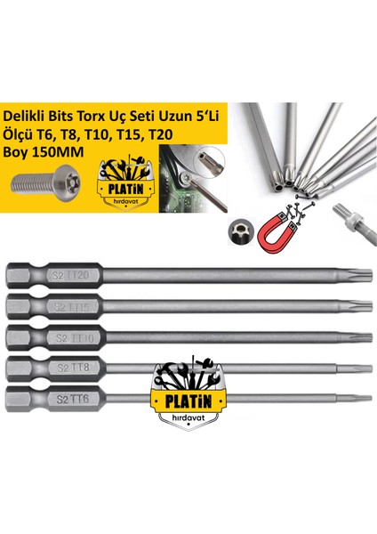 Delikli Bıts Torx Uç Seti Uzun Boy 150MM 5 Parça T6-8-10-15-20