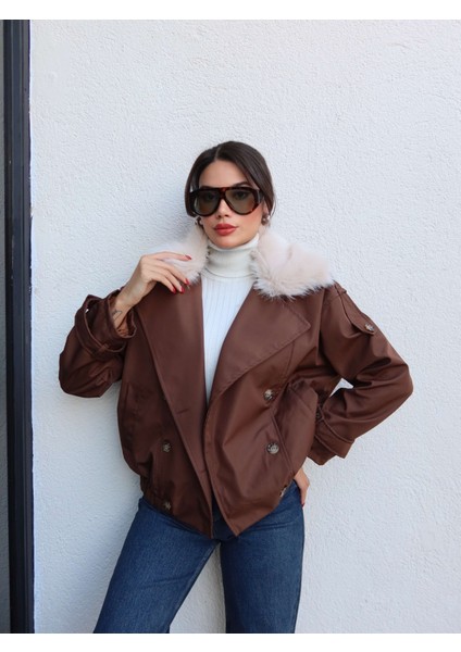 Kürk Yaka Bel Lastikli Trench