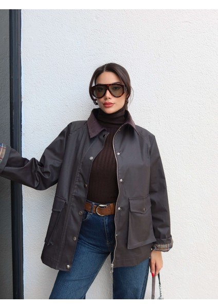 Süet Yaka Çıtçıtlı Mumlu Ceket