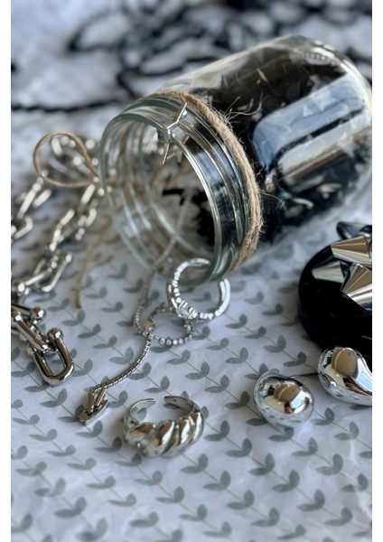Gümüş Renk Takı Kavanozu 6 Adet Ürün Kolye Bileklik Yüzük Küpe Earcuff Kıkırdak Küpe modelleri