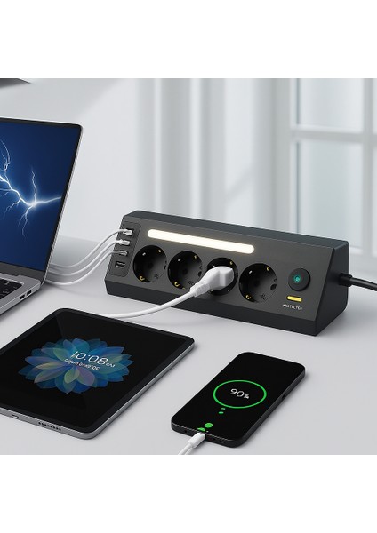 Akım Korumalı 4’lü Priz | 2 Usb-C + 2 Usb-A Çıkış | LED Işıklı Güç Ünitesi | 2 Metre Kablo – Hızlı Şarj ve Güvenli Kullanım fırsatları